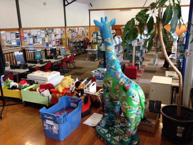 Lyttelton Library's temporary home, watched over by Jenny the giraffe.